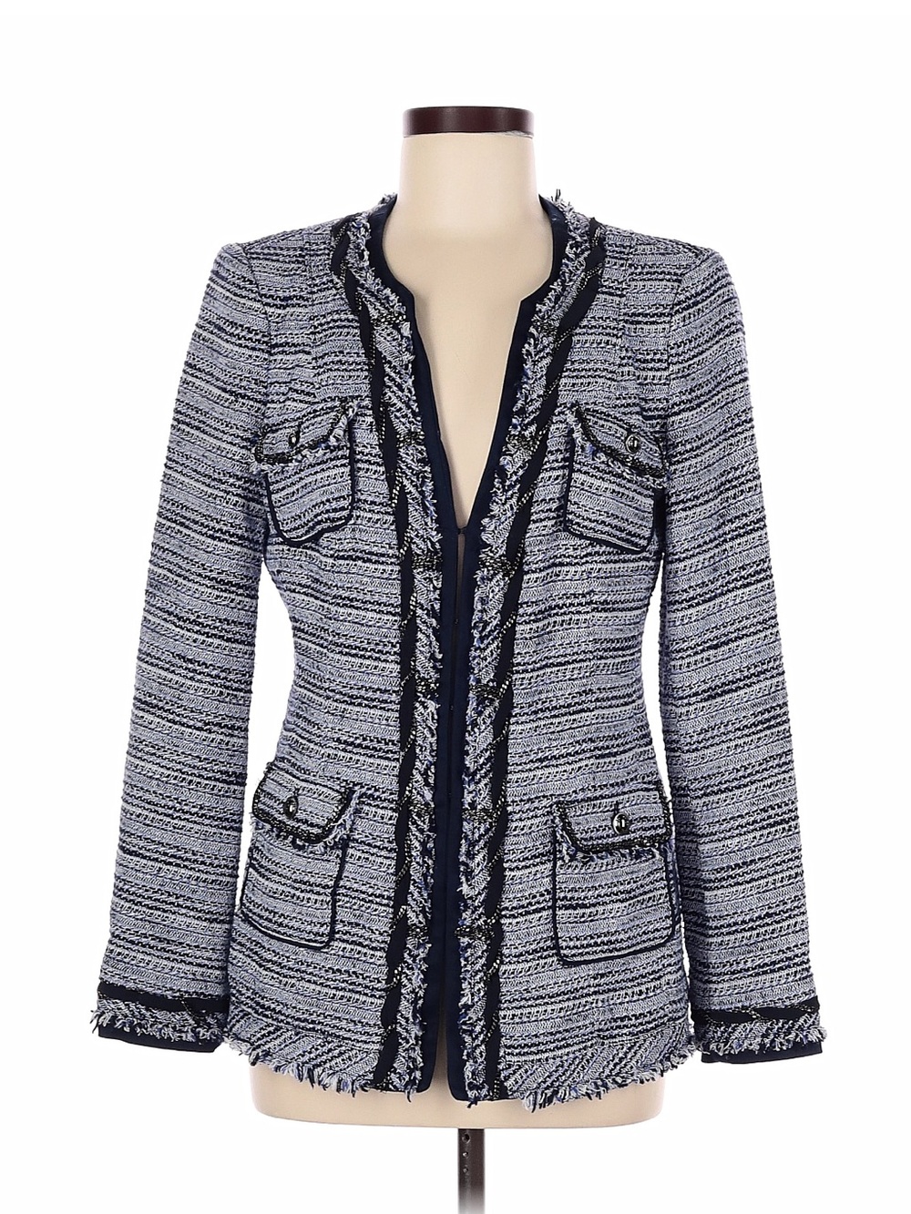 White House Black Market Blue Tweed Fringe Blazer Jacket Size 8 Career Chic